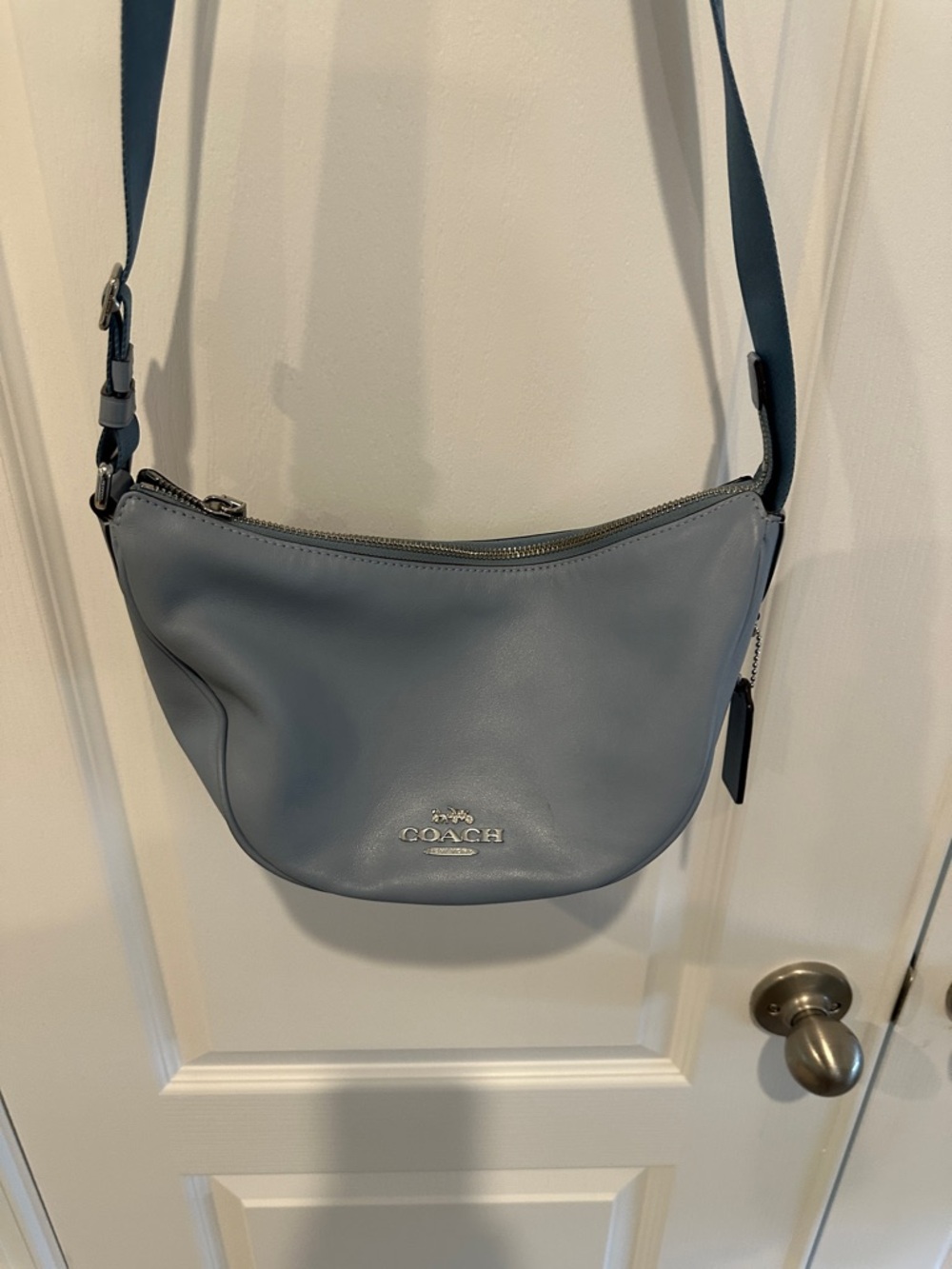COACH Dusty Blue Pebbled Leather Crossbody Hobo